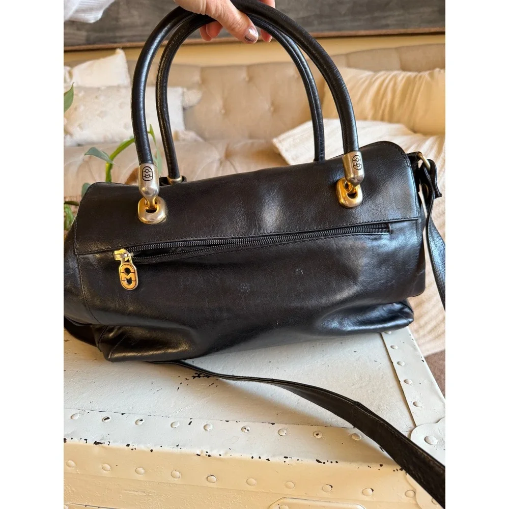 MARINO ORLANDI Satchel Black Leather Embossed Logo Gold Hardware Purse Bag Large